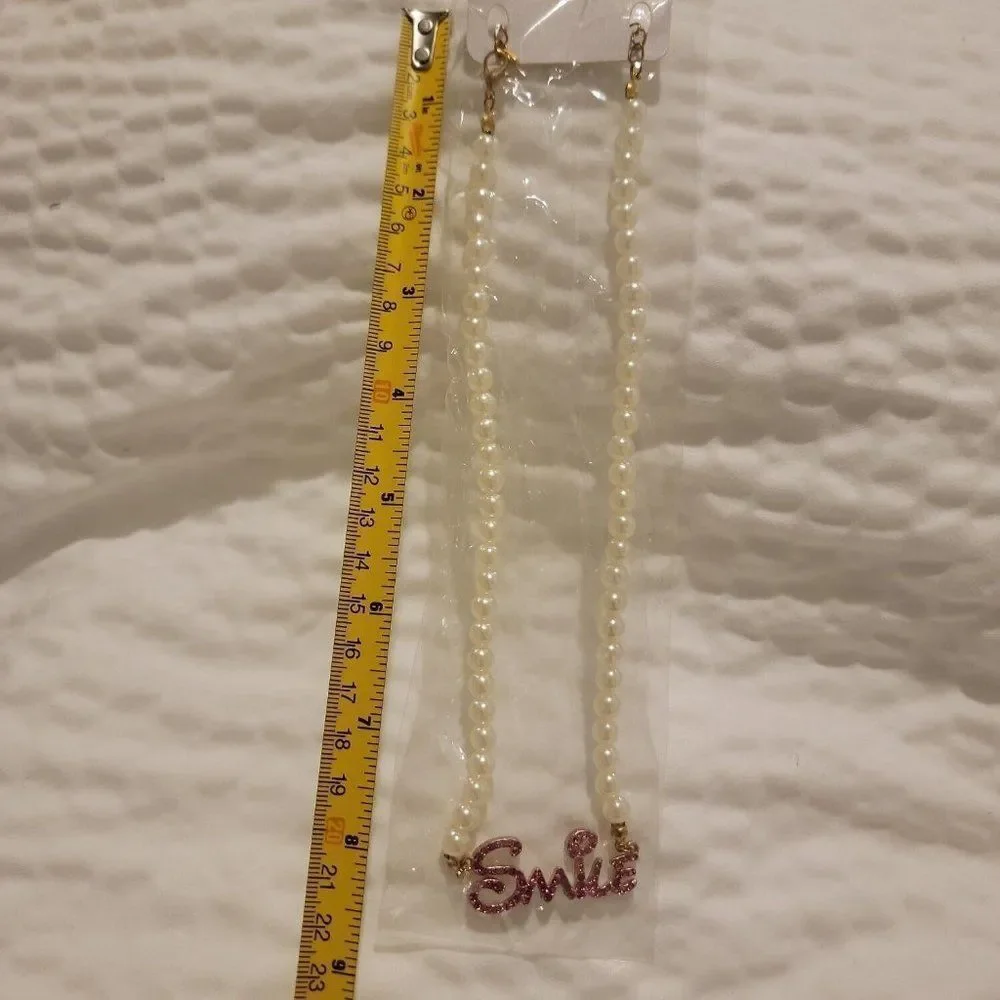 Womens Pink Smile Pendant White Pearl Necklace